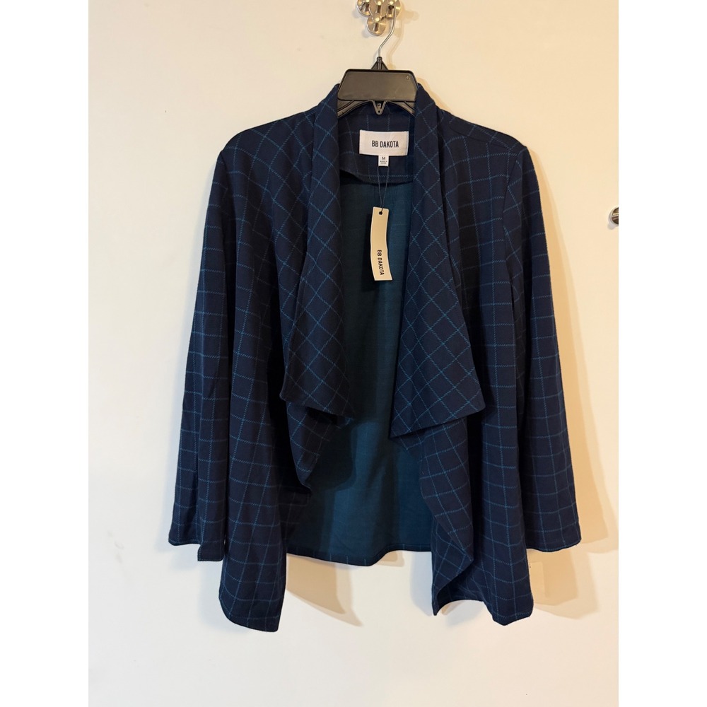 BB Dakota‎ Navy Teal Windowpane Plaid Open Front Drape Jacket Blazer M